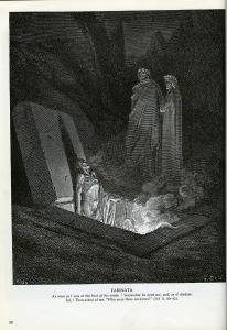 A scene at night with a figure seeming to rise from an open grave while two individuals wearing robes look down upon him from the ground above. 