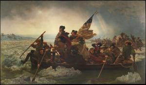 Painting of George Washington standing in a rowboat with other soldiers. These men are making their way across a large icy river.