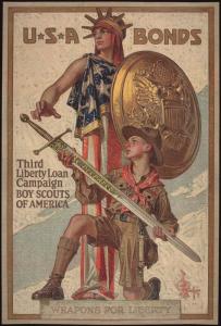 Poster of a Boy Scout holding a sword in front of the Lady Liberty statue who is holding a shield and wearing the American flag.