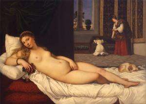 Painting of a full reclining nude woman. Behind her in the back corner of the room is a woman and a girl.