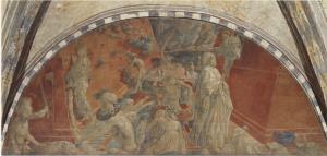 Fresco of different people in a flood in between two walls.
