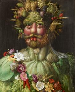 Portrait of a man made from various fruits and vegetables.