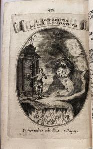 An engraving of a figure standing in front of a door, pointing to the eucharist on his breast. Three pathways lead away, one to a hellmouth, another to heaven, and another below towards figures in flames.