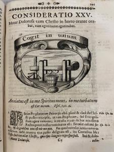 An engraving of two stylized hearts being squeezed by a wooden device above a bucket.