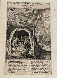 An engraving of a manger, with the infant Christ, animals, angels and shepherds surrounding. A host of angels are above the manger.