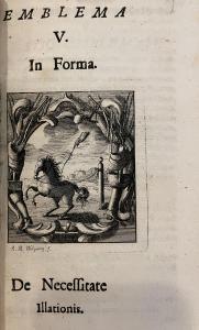 Engraving of a horse, with a disembodied hand holding a wand appearing above the horse.