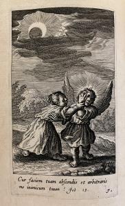 An engraving of two figures under a moonlit sky, one an angel who hides their face in their hand, and another figure grabbing the hand so as to look at the face. 