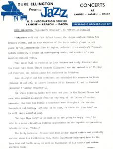 Press Release: Duke Ellington, "Musician's Musician", to perform in Pakistan, 1963