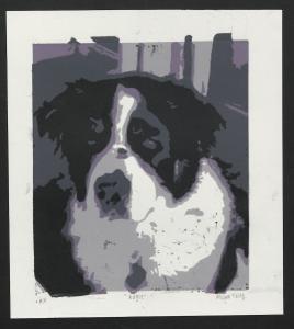 A portrait of a Saint Bernard dog in shades of purple, black, and white