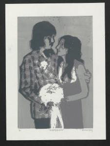 A portrait of a young couple holding a white bouquet of flowers. The young man's arm is around the young woman's shoulders and he is looking down at her. 