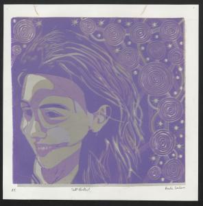 A portrait of a young woman in profile in shades of purple and tan. She is looking down and to the left. Behind her hair is a pattern of concentric circles and stars.