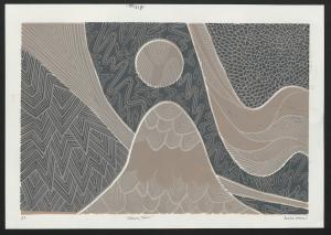 An abstract print in shades of gray and tan. The print is divided into sections of geometric patterns. In the center is a mountain-type shape with a circle floating above it.
