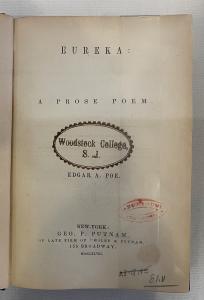 Title page of Edgar Allen Poe's Eureka, with a large Woodstock College stamp in the center. 