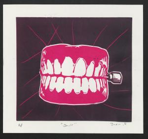 A bright pink set of denture-like teeth lies on on a magenta background