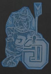 Linocut block with English bulldog standing and leaning against a large letter "G". He is wearing a sweater and hat with the Georgetown G on it and holding an oar.  