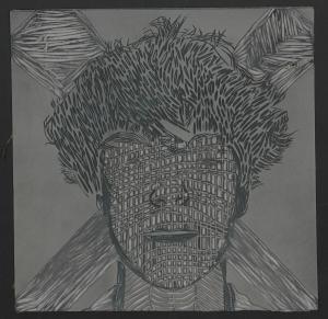 Linocut block of a young man with tossled hair with two oars crossed behind him.