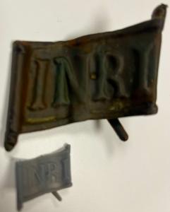 19th century copper alloy plaque with abbreviation "I.N.R.I." likely once affixed on crucifix