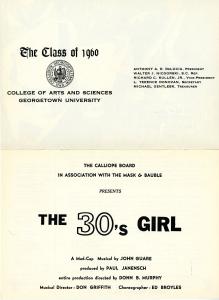 Program page from the Calliope production "The 30s Girl." Text is in black and includes the title and information about the writing and directing credits.