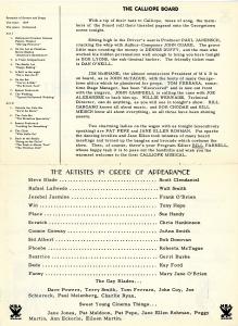 Program page from the Calliope production "The 30s Girl." Text is in black and includes information on the cast and the Calliope Board.