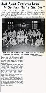 News article from The Hoya published on March 18, 1954 with the headline "Bud Ryan Captures Lead in Seniors' 'Little Girl Lost.'" A black and white image of the cast accompanies the article. The cast includes both men and women.