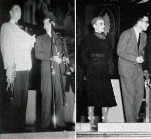 Two black and white images of Georgetown University students performing on stage in Gaston Hall as part of the 1951 Senior Show.