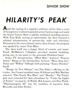 Recap of the 1951 Senior Show as printed in the Georgetown University Yearbook in 1952. The title of the recap is "Hilarity's Peak."