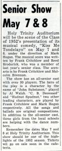 News article from The Hoya published on April 25, 1952 announcing the date and details of the upcoming Senior Show.