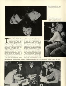 Three black and white photographs of members of the cast of the 1953 Senior Show play "Two on the Nose." The cast is made up of men and women. The text gives a brief overview of the production.