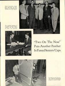 Three black and white photographs of members of the Class of 1953 Senior Committee as well as writing and production staff of the Senior Show. Text on the page reads "Two on the Nose puts another feather in famed Seniors' caps."