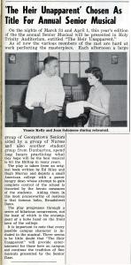 News article from The Hoya published on March 24, 1955 with the headline "'The Heir Unapparent' Chosen as Title for Annual Senior Musical." A black and white image of student performers Vinnie Kelly and Joan Salomone practicing their lines accompanies the article.