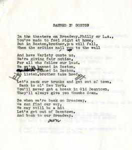 Typed text of the lyrics for the song "Banned in Boston" which is featured in the 1956 Senior Show "Banned in Boston."