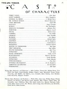 Text from the program of the 1957 Senior Show "The Most Happy Jet." The text lists the cast members of the play.