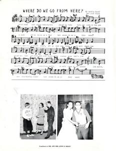 Text from one page of the program for the 1958 Senior Show "The Natives Are Restless." The page includes sheet music for the song "Where Do We Go From Here?" and two black and white images of various cast members from the production.