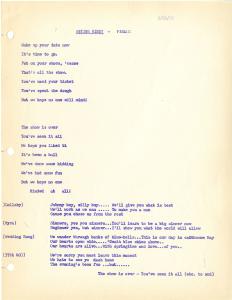 Text of the final act of the 1959 Senior Show "Anyone Mind?" The text is printed in blue on an 8x11 sheet of paper that has yellowed over time.