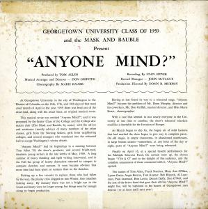Back cover of the vinyl record from the 1959 Senior Show "Anyone Mind?" The text is in black on a white background and includes credits for the writing, production, and direction of the show along with a description of the show.