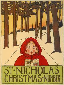 Red Ridinghood facing front, reading on snowy path lined with brown trees