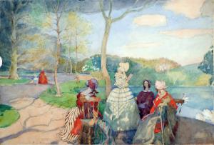 Women sitting beside pond, one woman stands facing right with book. Colorful gowns of red, blue, purple, white. Green grass and trees.