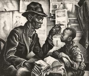 Man in hat on left reading to child on right, pointing at child who looks at him.