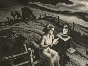 Woman seated on fence wearing white dress, reading by lamplight next to road. Black and white image.