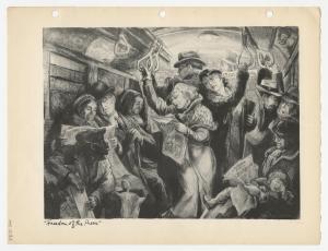 People reading newspaper on subway, woman in dress standing in middle with men, others seated on sides.