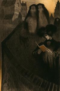 Woman seated reading, white skin and black gown and head piece. Dark shadows, white house in background, yellow sky. 