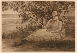 Woman seated reading in grass beneath tree, wearing white dress and hat, one hand under chin.