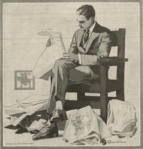 Man seated in wooded chair, reading newspaper, wearing suit, legs crossed, piles of crumpled newspapers.