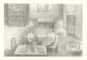 Women seated on couch in sitting room, women on left reading, bookshelf in back. Faded, smudged grays and whites.