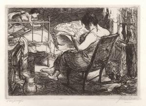 Woman seated facing away, reading newspaper, child on bed. Black and white