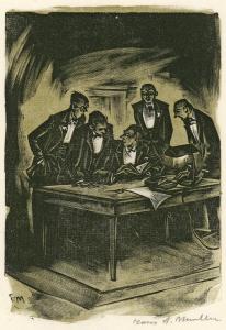 Five gentlemen standing over a table looking at books. One is seated holding an open book..