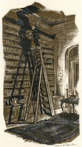 Man on tall ladder pulling books off shelf in library, shadow cast