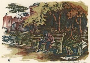 Man seated, reading book between legs, wearing hat and coat, dog sits next to bench, row of empty benches, buildings, trees