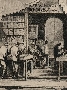 Men standing at tables reading, facing away, man seated in back facing forward, books on shelves. Black and white