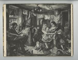 Woman seated, breastfeeding and reading newspaper, children playing and reading newspaper, husband smoking pipe seated on left reading newspaper